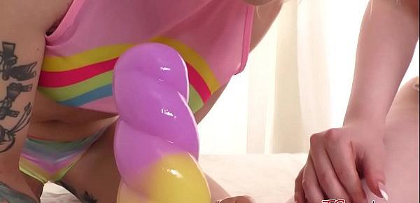  Stretching shemale asshole with a huge unicorn dildo - Sarina Valentina and Lena Kelly